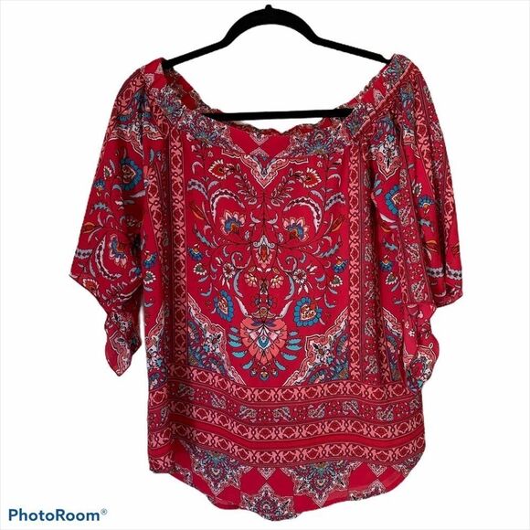 Verse Red Floral Detailed Off the shoulder Top Medium - Picture 2 of 6